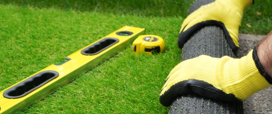 Measuring gadgets beside artificial turf for installation process in Bethlehem, PA.